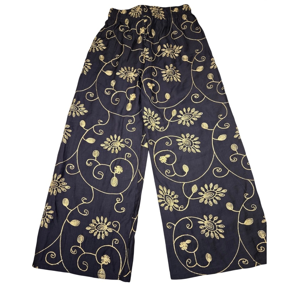 Yingyumei Navy Blue Gold Floral Embroidered Wide Leg Pants One Size 641675